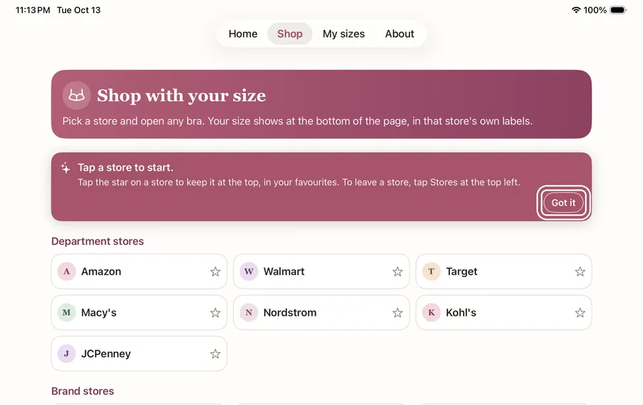 The Shop tab's stores, with the tip "Tap a store to start." Its "Got it" button is outlined.
