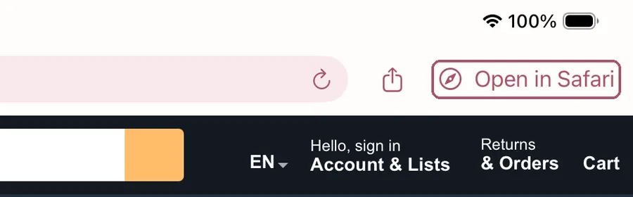 The Shop tab's top bar. "Open in Safari", at the top right, is outlined.