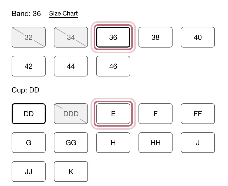 Macy's band and cup buttons in the Shop tab, with band 36 and cup E outlined by Measured Size.