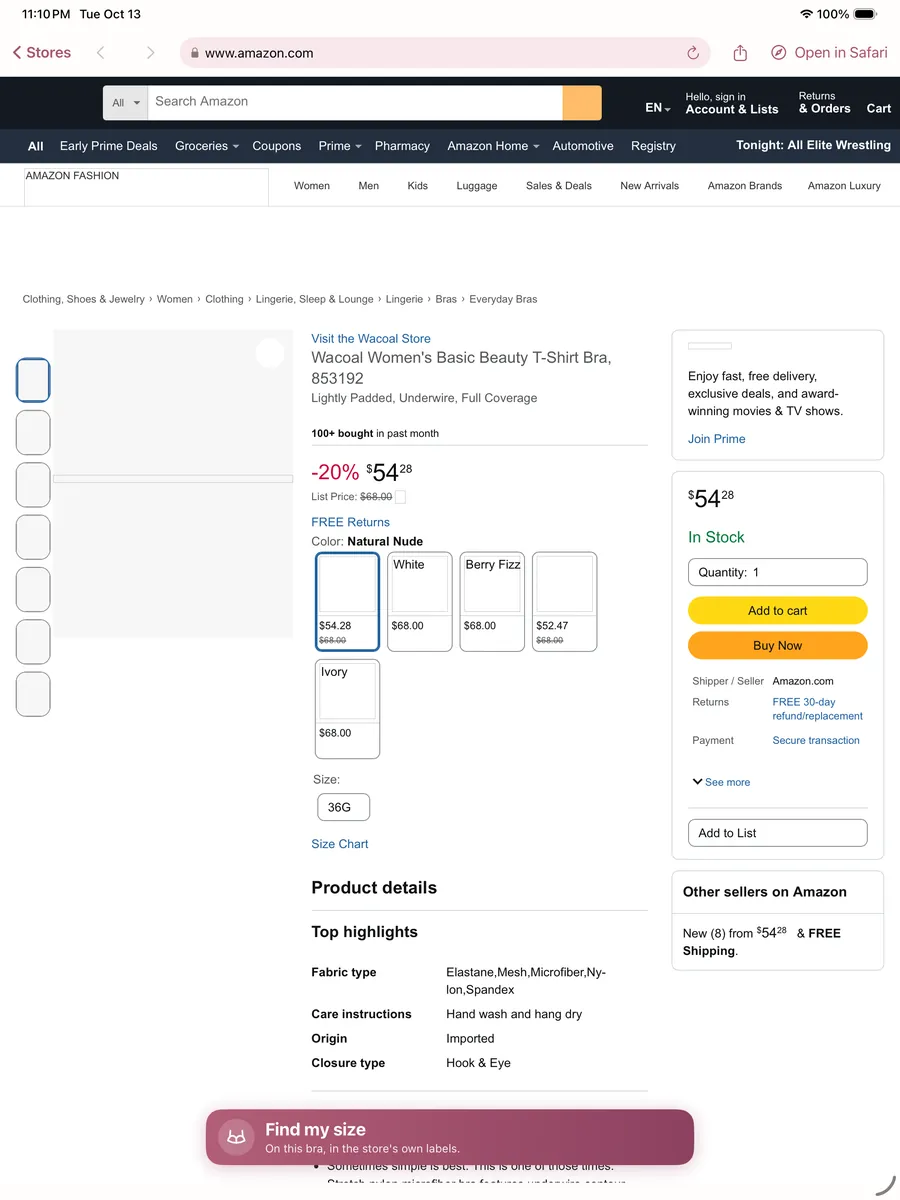 A bra's page at Amazon in the Shop tab, with the rose bar at the bottom saying "Find my size".