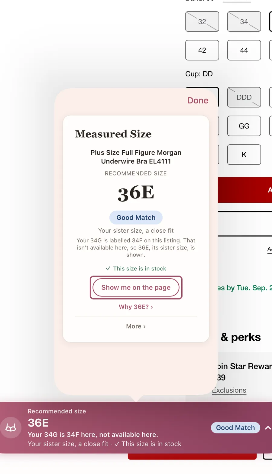 The card on a Macy's bra, "Recommended size" 36E, another shopper's size. "Show me on the page" is outlined.