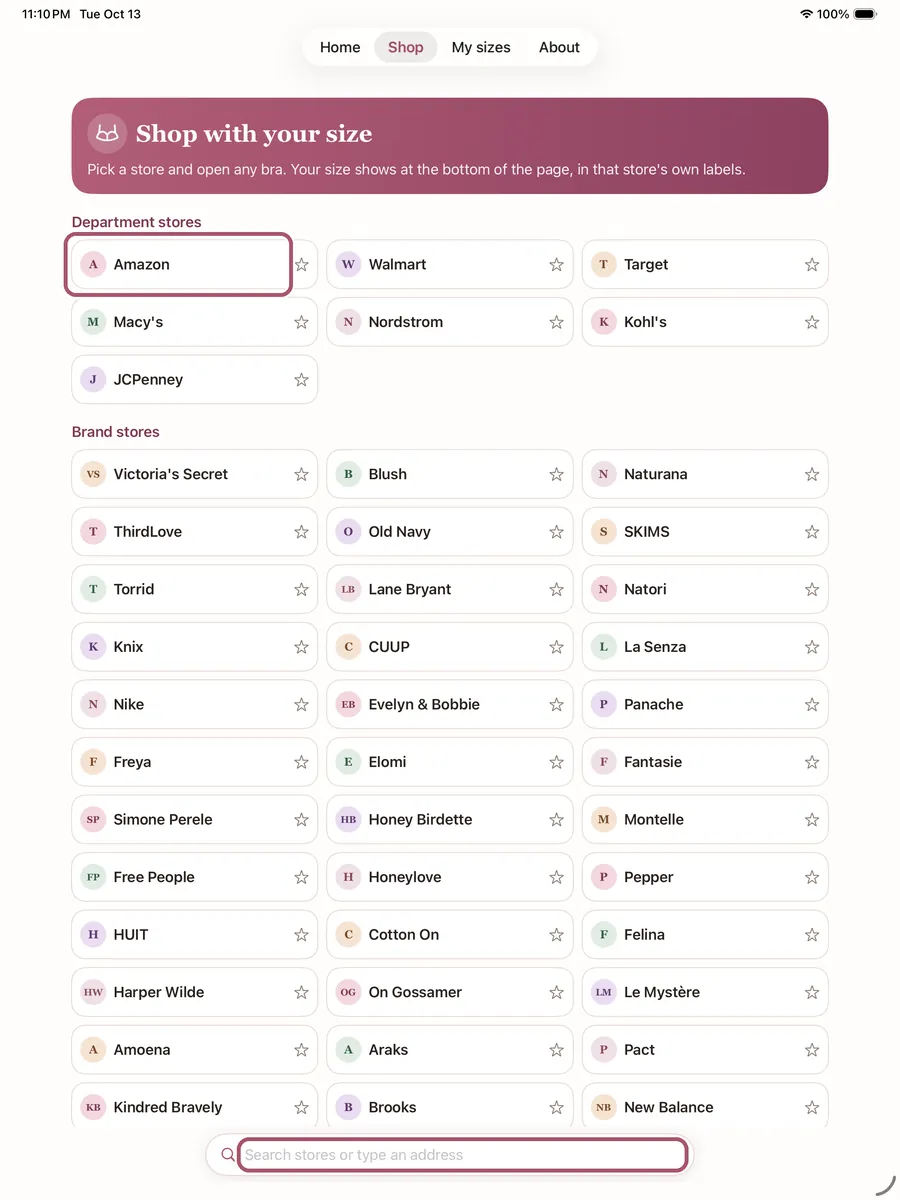 The Shop tab's stores, "Shop with your size". Amazon and the search box at the bottom are outlined.