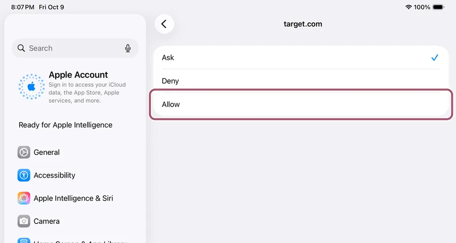 The choices for target.com: Ask, Deny and Allow. "Allow" is outlined.