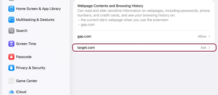 Measured Size's settings again, gap.com now Allow. The "target.com" row is outlined.
