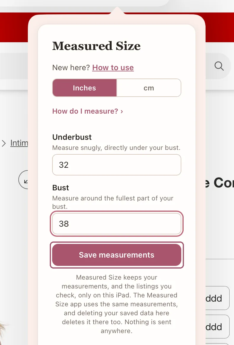 The same form, with 32 and 38 typed in. "Save measurements" is outlined.