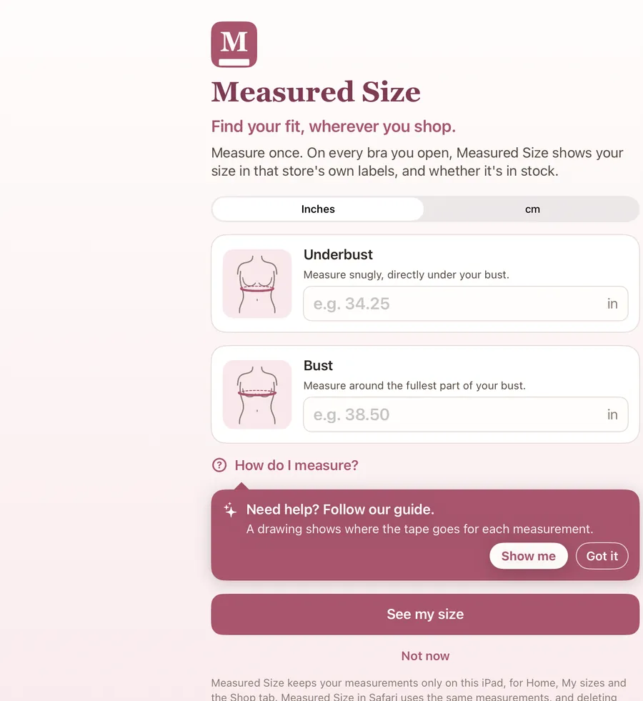 The Measured Size app's first screen: "Find your fit, wherever you shop.", with boxes for underbust and bust.
