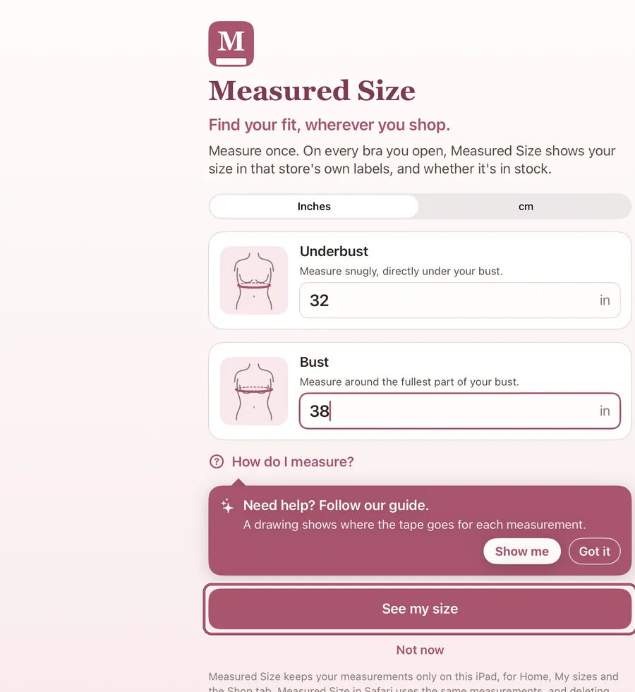 The first screen with 32 and 38 typed in. "See my size" is outlined.