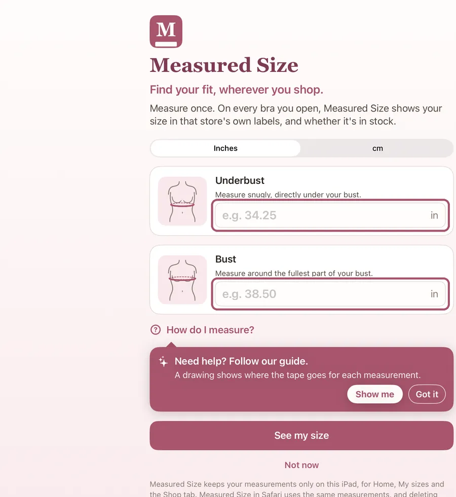 The first screen, with the Underbust and Bust boxes outlined.