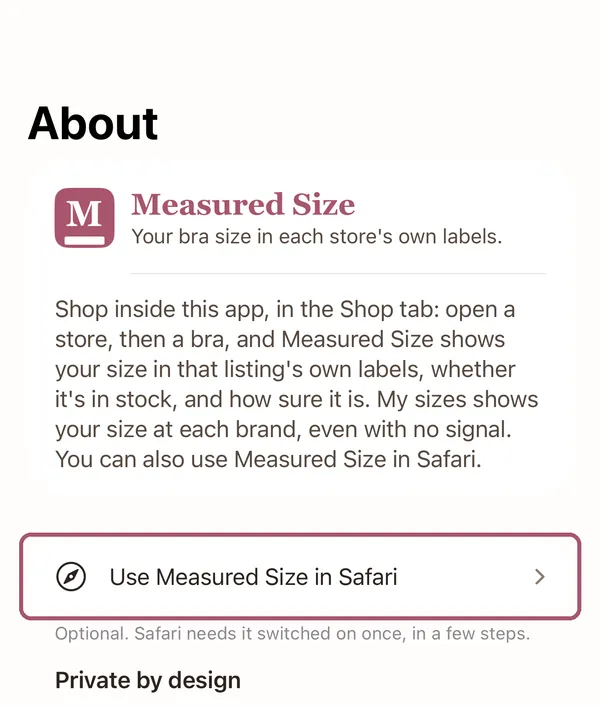 About in the Measured Size app. "Use Measured Size in Safari" is outlined.