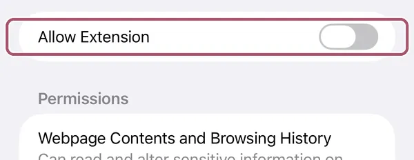 Measured Size's settings in Safari. The "Allow Extension" switch, still off, is outlined.