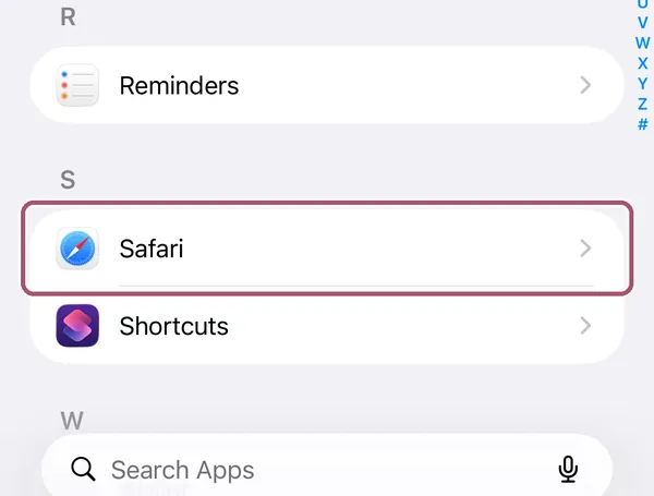 The list of apps in Settings, at S. The "Safari" row is outlined.
