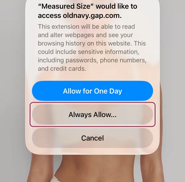 Safari asks whether Measured Size may access oldnavy.gap.com. "Always Allow…" is outlined.