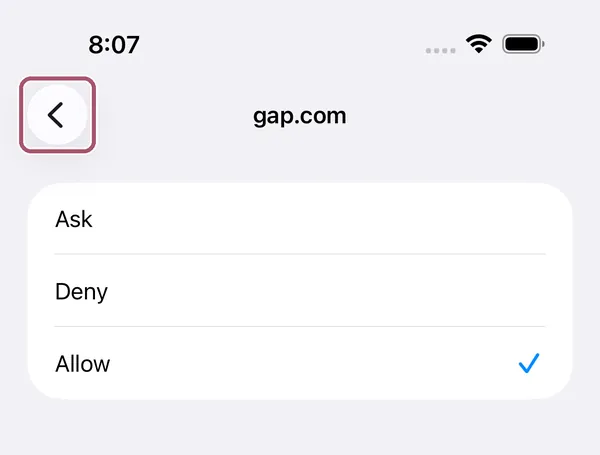 gap.com set to Allow, with a check mark. The back arrow is outlined.