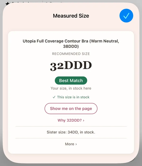 The Measured Size card over the bra's page: "Recommended size" 32DDD, "Best Match", "This size is in stock" and "Show me on the page".