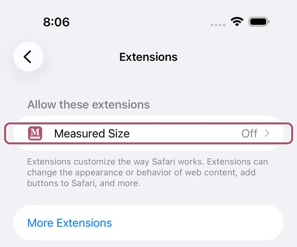 Safari's Extensions settings, listing Measured Size as Off. Its row is outlined.