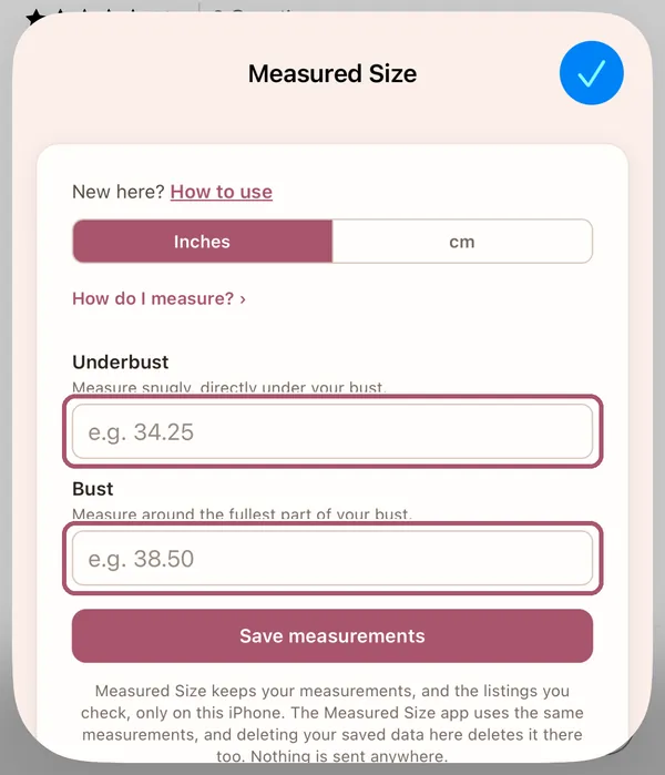Measured Size in Safari asking for underbust and bust. The two boxes are outlined.