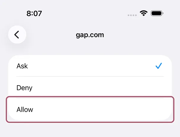 The choices for gap.com: Ask, Deny and Allow. "Allow" is outlined.