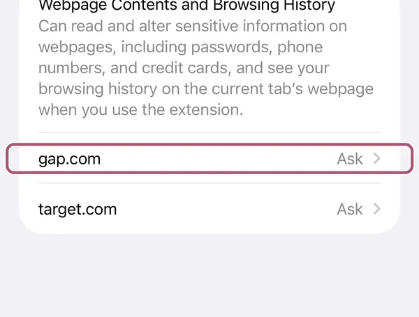 The lower part of Measured Size's settings. The "gap.com" row, set to Ask, is outlined.
