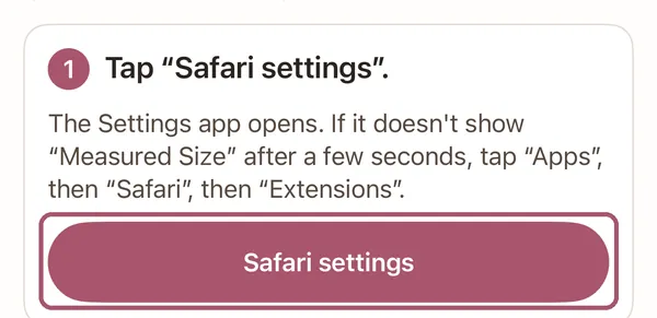 The app's first Safari step, "Tap Safari settings", with its "Safari settings" button outlined.