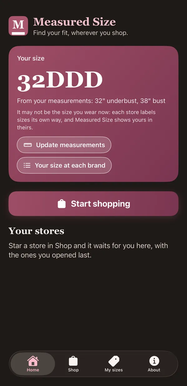 Home in dark mode: "Your size" 32DDD on a dark background.