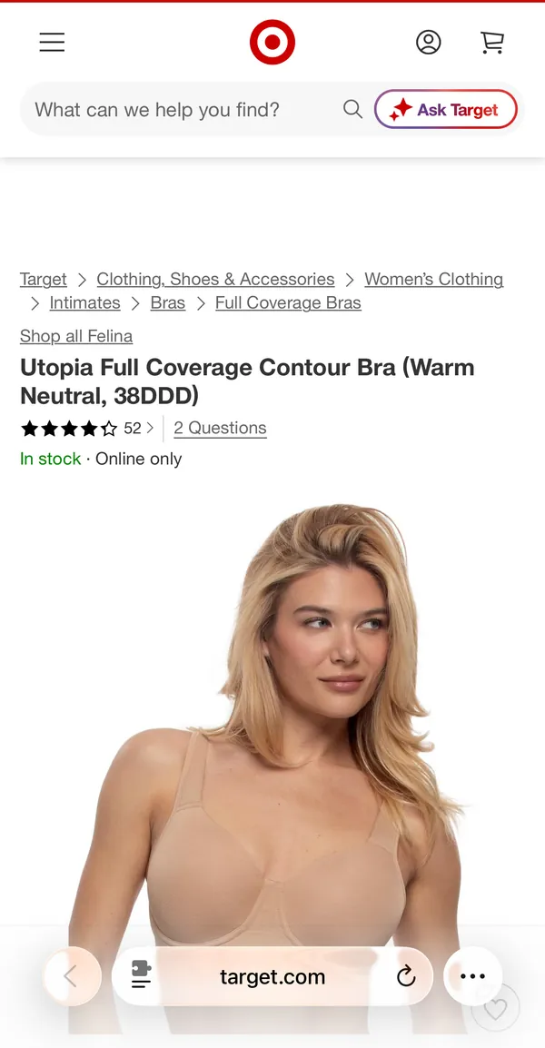 A bra's page at Target in Safari on an iPhone.