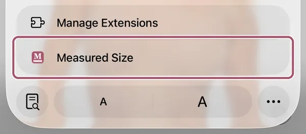 Safari's menu. The "Measured Size" row is outlined.