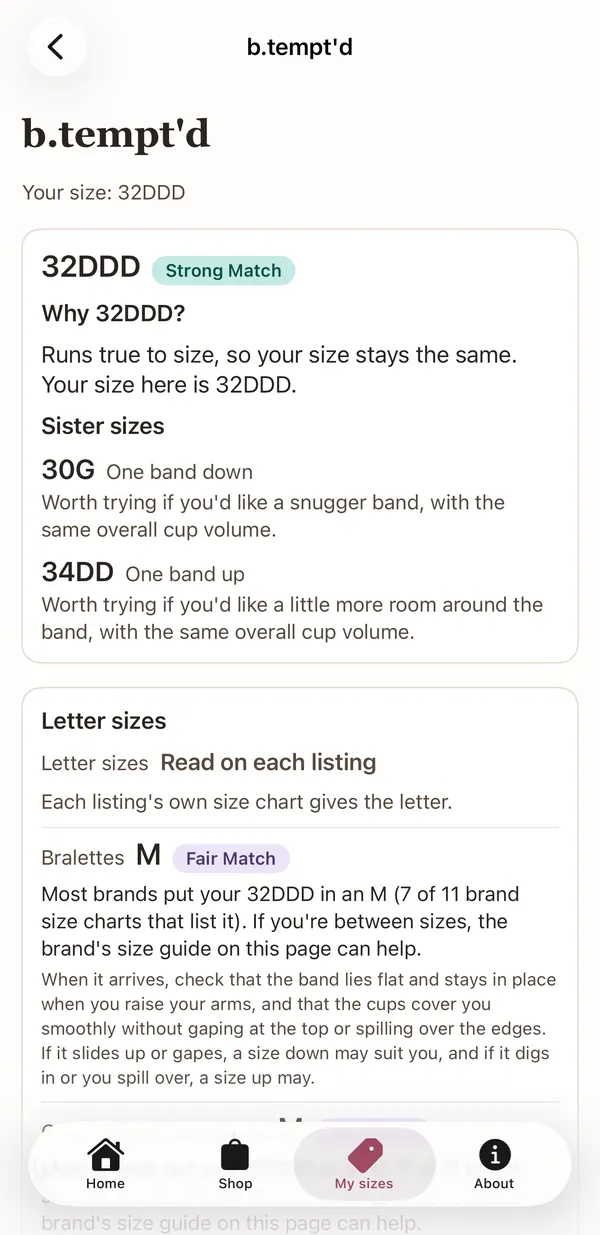 One brand in My sizes: your size, why, and two sister sizes.