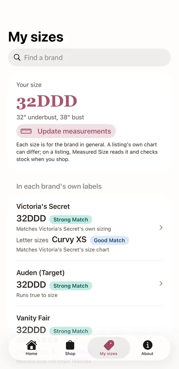 My sizes: "Your size" 32DDD, then brands, each with your size and its rating.