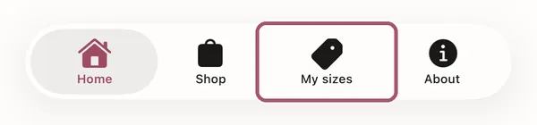 The app's tabs: Home, Shop, My sizes and About. "My sizes" is outlined.