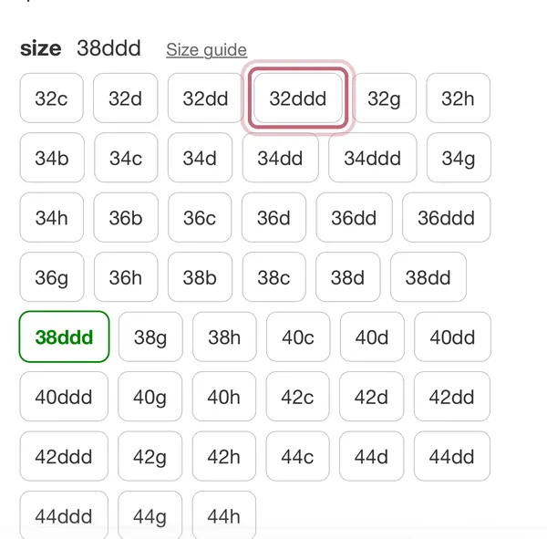 Target's size buttons, with 32ddd outlined by Measured Size.