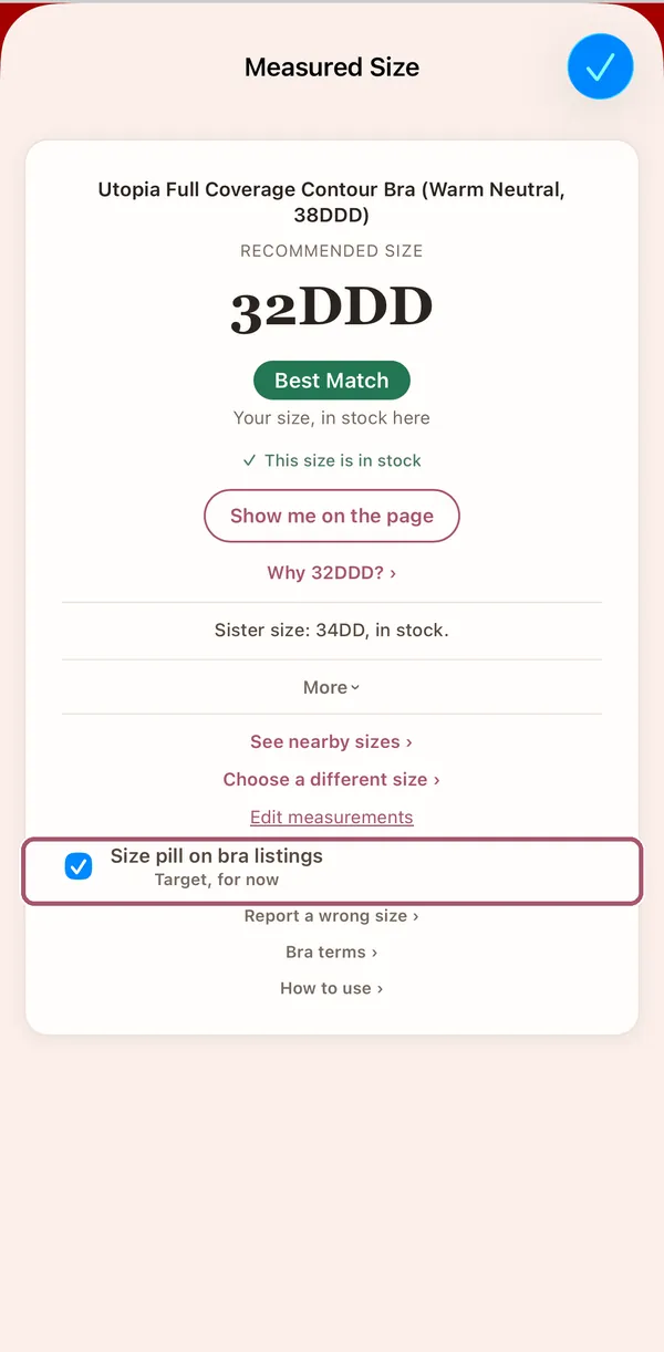The card with More open. The tick box "Size pill on bra listings", ticked, is outlined.