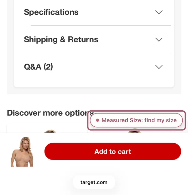 A bra's page at Target in Safari. The pink "Measured Size: find my size" button at the bottom is outlined.