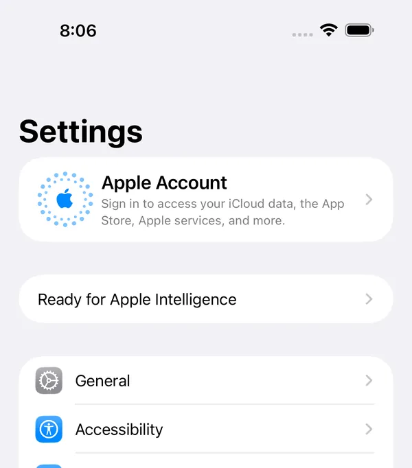 The Settings app on an iPhone, open at the top of its list.