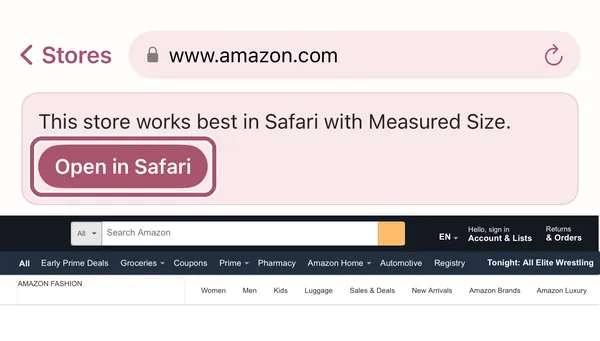 The note "This store works best in Safari with Measured Size." at the top of the Shop tab. Its "Open in Safari" button is outlined.