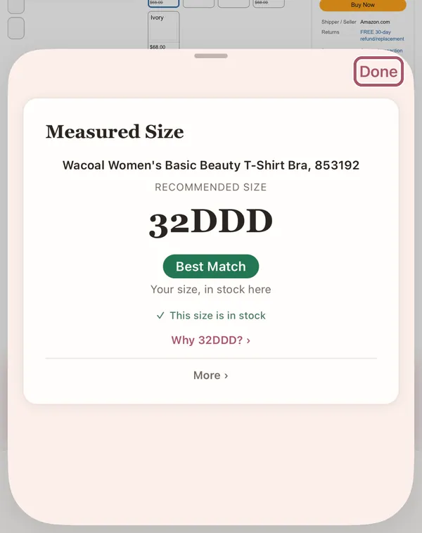 The Measured Size card in the Shop tab: "Recommended size" 32DDD and "Best Match". "Done" is outlined.