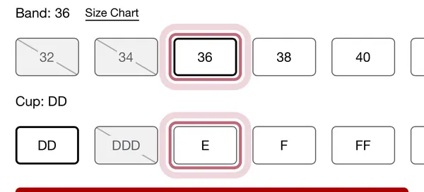 Macy's band and cup buttons in the Shop tab, with band 36 and cup E outlined by Measured Size.