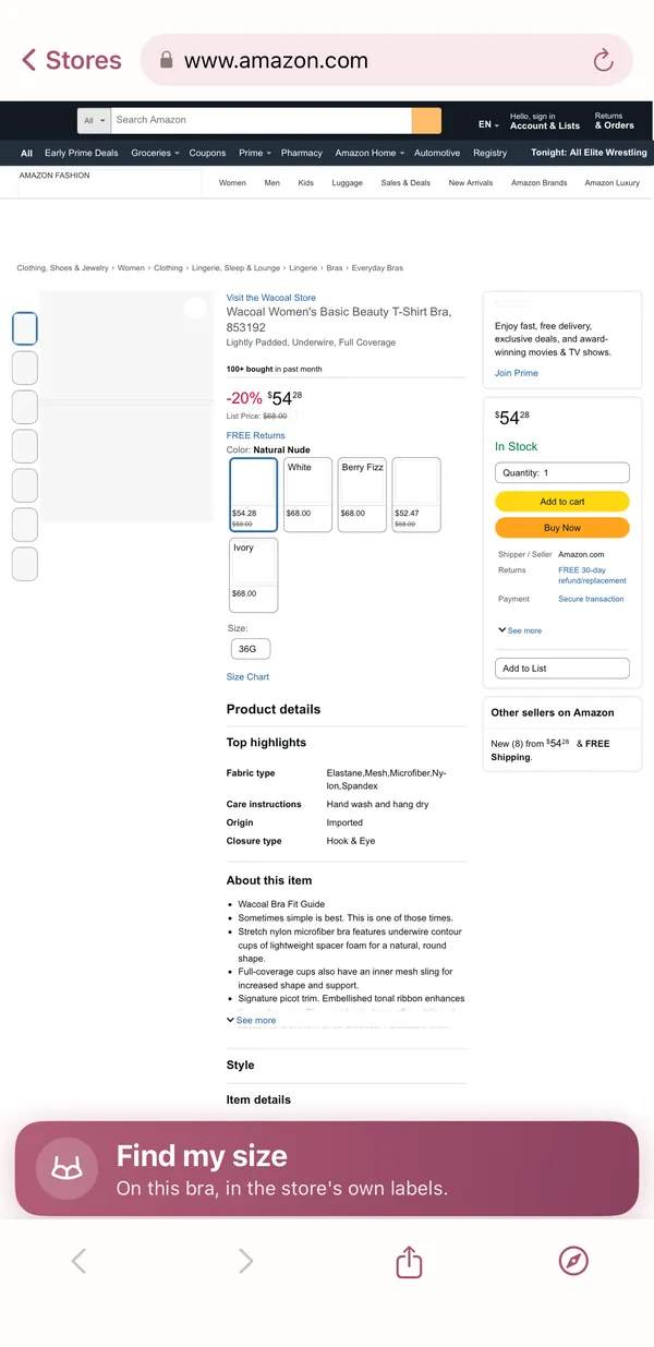A bra's page at Amazon in the Shop tab, with the rose bar at the bottom saying "Find my size".