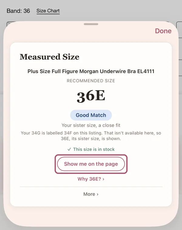 The card on a Macy's bra, "Recommended size" 36E, another shopper's size. "Show me on the page" is outlined.