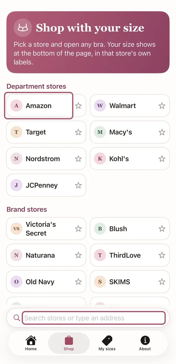 The Shop tab's stores, "Shop with your size". Amazon and the search box at the bottom are outlined.