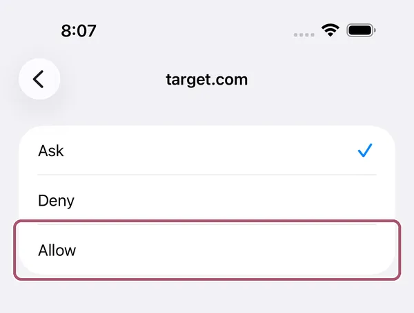 The choices for target.com: Ask, Deny and Allow. "Allow" is outlined.