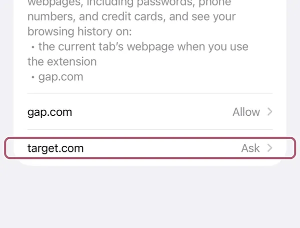 Measured Size's settings again, gap.com now Allow. The "target.com" row is outlined.