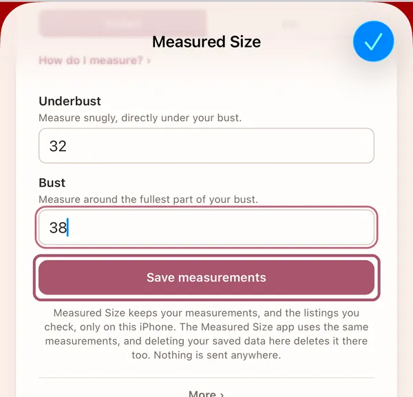 The same form, with 32 and 38 typed in. "Save measurements" is outlined.