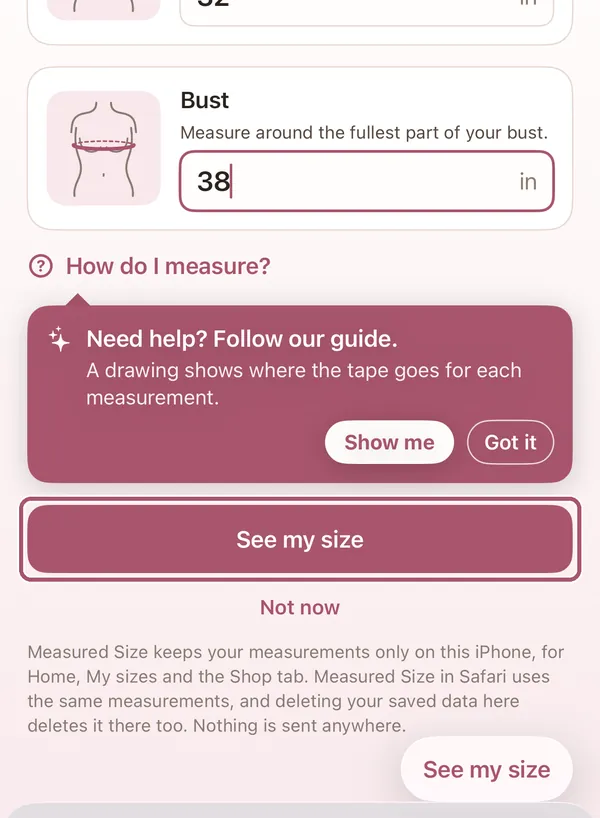 The first screen with 32 and 38 typed in. "See my size" is outlined.