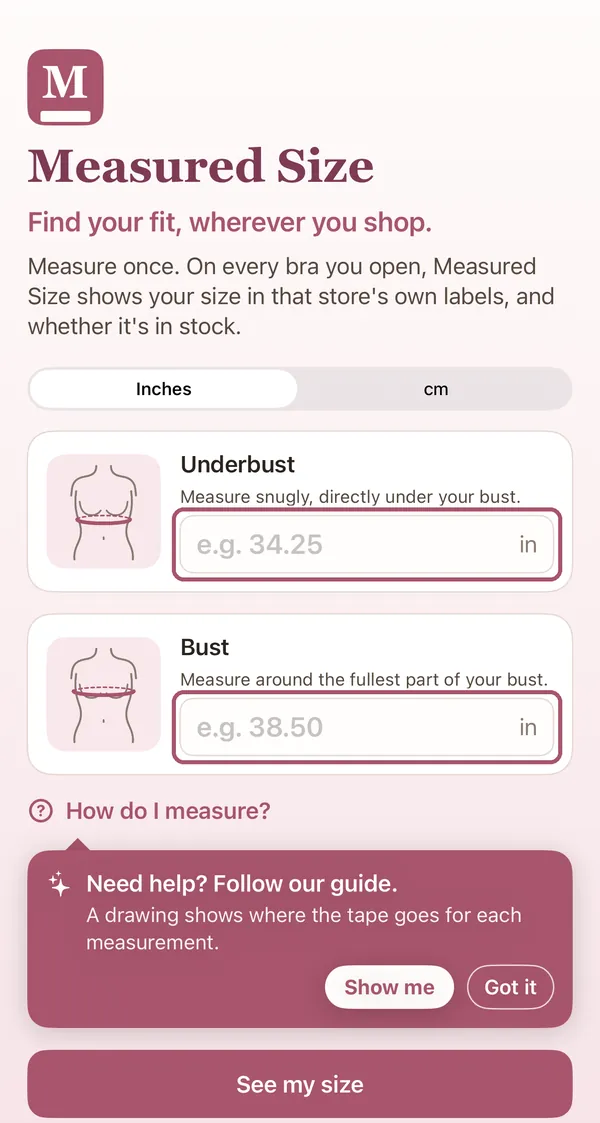 The first screen, with the Underbust and Bust boxes outlined.
