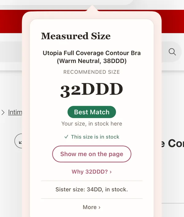 The Measured Size card in Safari on an iPad.