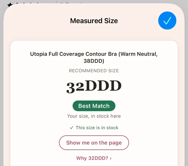 The Measured Size card in Safari on an iPhone.